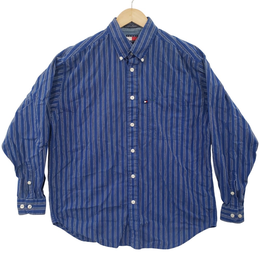 Vintage Y2K Tommy Jeans Button Down Shirt Mens Medium Blue Striped Long Sleeve‎